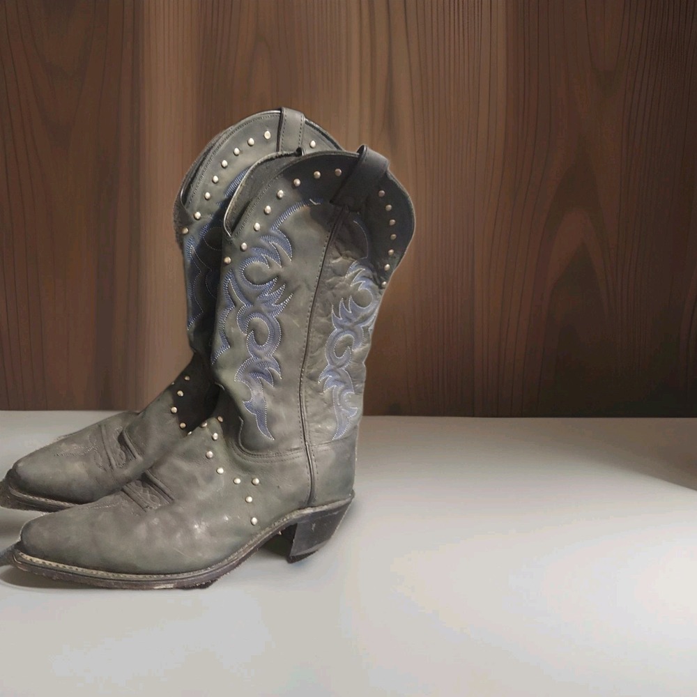 Old West Ladies Blue Grey Suede Cowboy Boots Size 10M Made In USA Studded Ranch